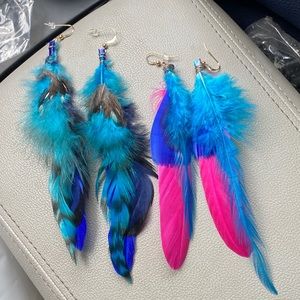Handmade Real feather earrings 5” pink blue Black
